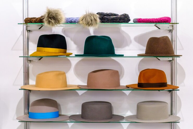 collection multicolored women s hats rack showcase fashion boutique white wall background 100656 1478